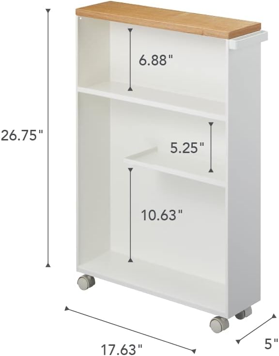 YAMAZAKI Home Slim Rolling Storage Cart – Narrow Bathroom Storage Cabinet with Handle, Slim Bathroom Storage Cart with Wheels, Easy Assembly, Steel + Wood, White