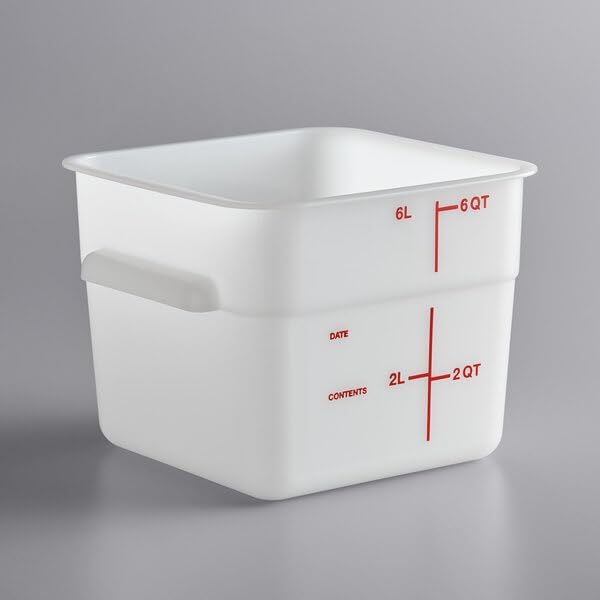 6 Qt Square Food Storage Container, White Polyethylene, 8.75x8.75x7.31 Inches, with Measurement Guides, Stackable, Made in USA