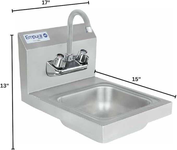 17" Wide Stainless Steel Wall Mounted Hand Sink | Commercial Prep Utility 14" x 10" for Kitchen Laundry Garage | 4" Center Gooseneck Faucet, 9.5" Backsplash, 17"W x 15"D x 13"H, 20 Gauge, NSF