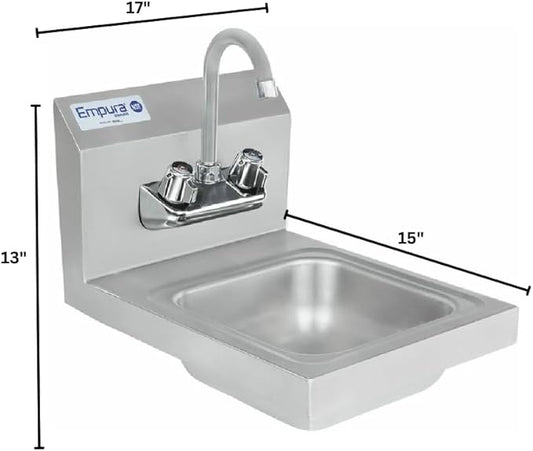 17" Wide Stainless Steel Wall Mounted Hand Sink | Commercial Prep Utility 14" x 10" for Kitchen Laundry Garage | 4" Center Gooseneck Faucet, 9.5" Backsplash, 17"W x 15"D x 13"H, 20 Gauge, NSF
