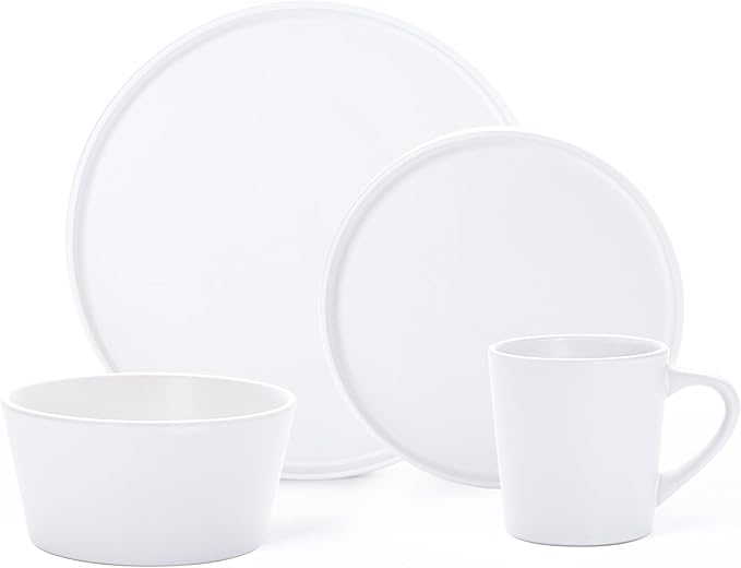 Plates and Bowls Sets for 4 - CJDC-QUELO 16 Piece Stoneware Dinnerware Sets with Mugs, Ceramic Dishware Sets for Kitchen Dining Use, Chip and Scratch Resistant Microwave Dishwasher Safe, White
