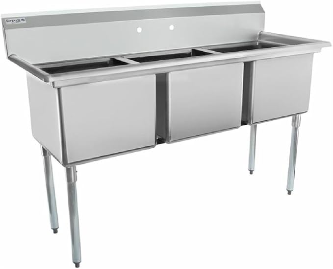 63" Wide Stainless Steel Three Compartment Commercial Sink | Prep Utility 18 x 18 Bowl for Catering Laundry Garage | 3.5" Drain Basket, 9.75" Backsplash, 63"W x 23.5"D x 44.25"H, 18 Gauge, NSF