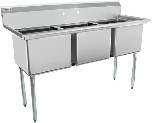 63" Wide Stainless Steel Three Compartment Commercial Sink | Prep Utility 18 x 18 Bowl for Catering Laundry Garage | 3.5" Drain Basket, 9.75" Backsplash, 63"W x 23.5"D x 44.25"H, 18 Gauge, NSF