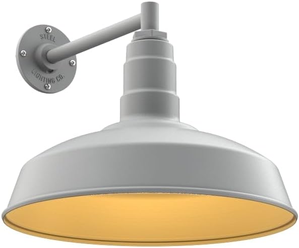 Steel Lighting Co. | Dusk to Dawn | Gardena Barn Light | Outdoor Wall Mounted | 16" Dome | 11" Straight Arm | Farmhouse Light Made in America | Modern Gray/Brass