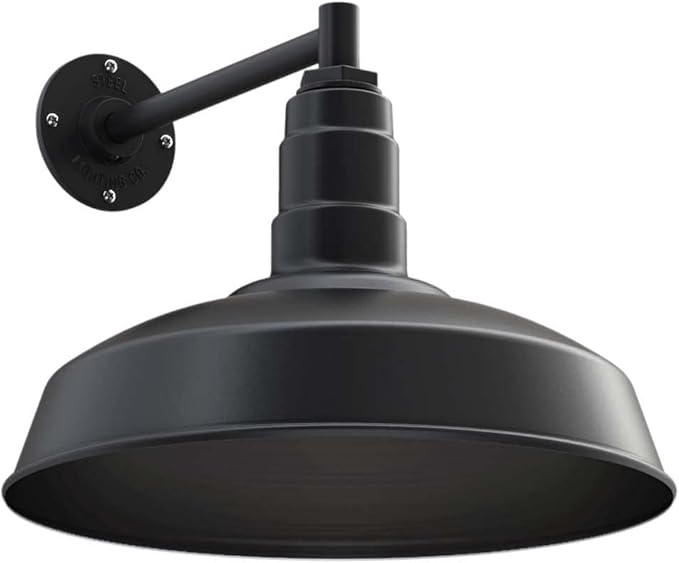 Steel Lighting Co. | Dusk to Dawn | Gardena Barn Light | Outdoor Wall Mounted | 16" Dome | 11" Straight Arm | Farmhouse Light Made in America | Matte Black Exterior/Matte Black Exterior