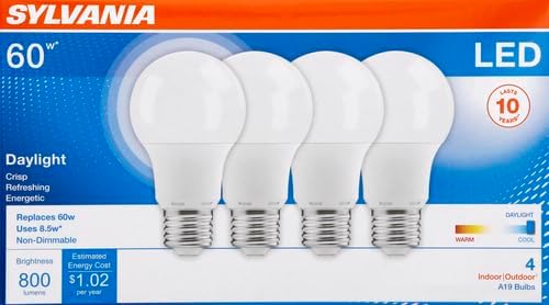 Sylvania LED Light Bulb, 60W Equivalent A19, Efficient 8.5W, Medium Base, Frosted Finish, 800 Lumens, Daylight - 4 Pack (79284)