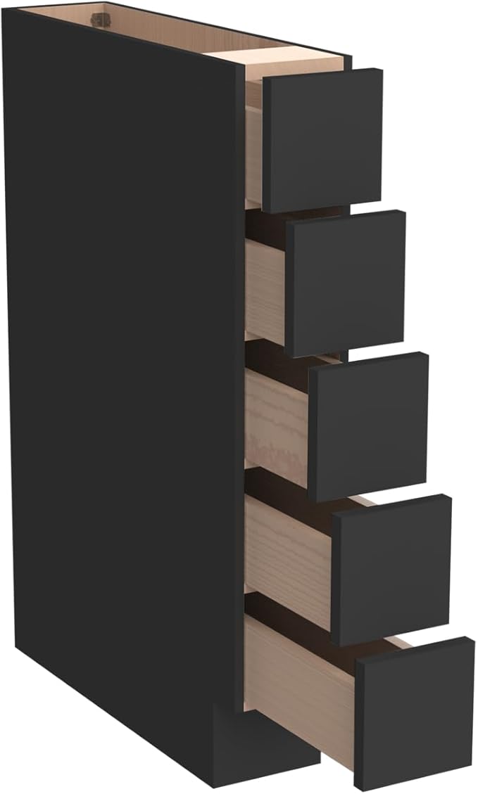 Solid Wood 5-Drawer Spice Cabinet for Kitchen, Soft Close Drawer Glides, Freestanding Storage Organizer, Fits 6" Base Cabinets, Natural Birch Wood (SK-Charcoal Black, 6" W x 24" D x 34.5" H)