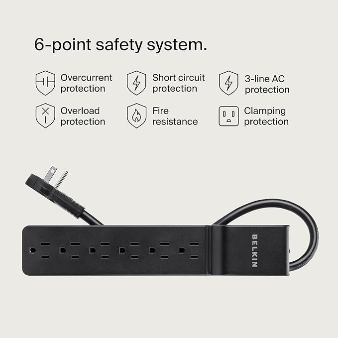 Belkin Power Strip Surge Protector with 6 AC Multiple Outlets - Flat Rotating Plug, 6 ft Long Heavy-Duty Extension Cord for Home, Office, Travel, Computer Desktop & Charging Brick (600 Joules) 3PK