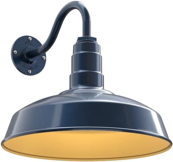 Steel Lighting Co. | Dusk to Dawn | Gardena Barn Light | Outdoor Wall Mounted | 16" Dome | 11" Gooseneck | Farmhouse Light Made in America | Gray Blue/Brass