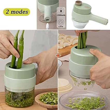 Multipurpose 4 in 1 Handheld Electric Vegetable Cutter Set Portable Wireless Garlic Mud Masher Garlic Press and Slicer Set Multifunctional Electric Mini Food Processor (Plastic)