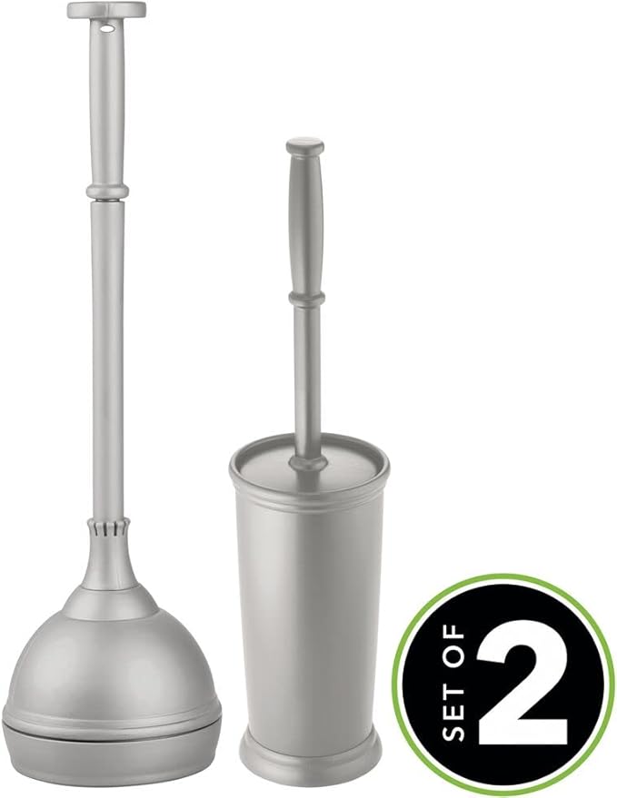 mDesign Hidden Plunger and Brush Set for Toilet Bowl - Modern Toilet Brush and Plunger Set - Brush Cleaner and Plunger Combo with Holder Caddy for Bathroom - Hyde Collection - Set of 2 - Gray