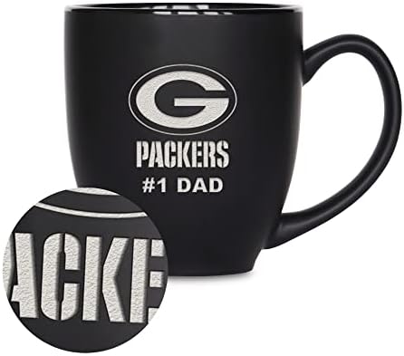Rico Industries NFL Football #1 Dad 15oz Laser Engraved Matte Black Ceramic Bistro Mug - for Hot or Cold Drinks