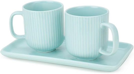 Ceramic Coffee Mugs with Handle Set – 2-Piece 11 Oz Ceramic Coffee Cups & 9" Tray, Handmade Sea Mist Green Color, Microwave Safe Gift Set for Tea Lovers, Home Kitchen Décor