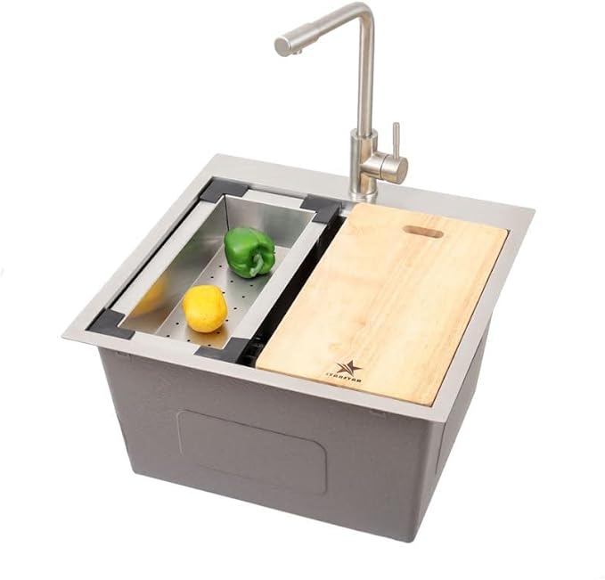 STARSTAR Workstation Ledge Topmount/Drop-in Single Bowl 304 Stainless Steel Kitchen/Yard/Bar/Laundry/Office Sink, With Grid, Colander, Cutting Board, Strainer (22 x 22 x 12-Black Colander)