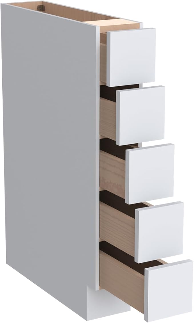 Solid Wood 5-Drawer Spice Cabinet for Kitchen, Soft Close Drawer Glides, Freestanding Storage Organizer, Fits 6" Base Cabinets, Natural Birch Wood (SK-White, 6" W x 24" D x 34.5" H)