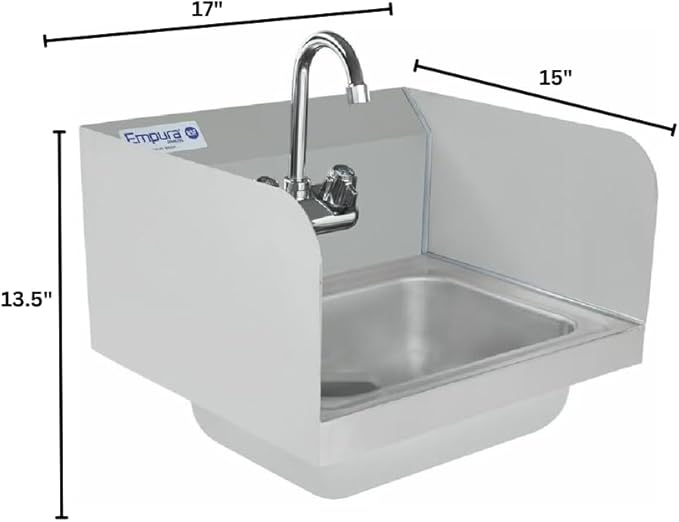 17" Wide Stainless Steel Wall Mounted Hand Sink | Commercial Prep Utility 14" x 10" Bowl for Kitchen | 4" Center Gooseneck Faucet, 9.5" Back/Side Splash, 17"W x 15"D x 13.5"H, 20 Gauge, NSF
