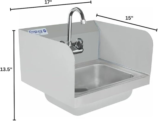 17" Wide Stainless Steel Wall Mounted Hand Sink | Commercial Prep Utility 14" x 10" Bowl for Kitchen | 4" Center Gooseneck Faucet, 9.5" Back/Side Splash, 17"W x 15"D x 13.5"H, 20 Gauge, NSF