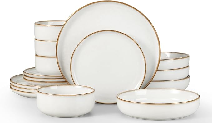Herogo Plates and Bowls Sets for 4, 16 Piece Dinnerware Sets with Pasta Bowls, Double Reactive Glaze, Microwave & Dishwasher Safe, Chip & Scratch Resistant, Ivory White