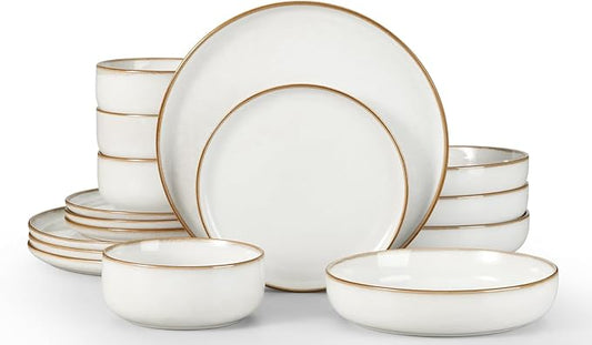 Herogo Plates and Bowls Sets for 4, 16 Piece Dinnerware Sets with Pasta Bowls, Double Reactive Glaze, Microwave & Dishwasher Safe, Chip & Scratch Resistant, Ivory White