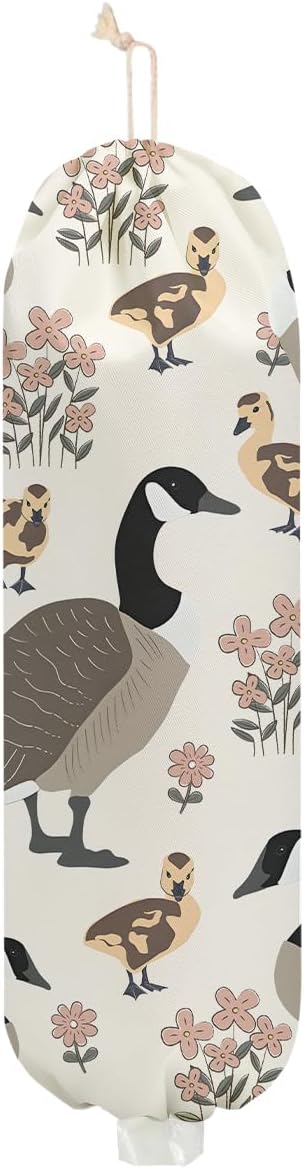 Duck Gifts Plastic Bag Holder, Wall Mount Grocery Bag Holder for Plastic Bags, Pull Rope Free Adjustment, Washable Reusable Grocery Bags Storage Dispenser for Home Kitchen, Flower Gifts for Women Mom