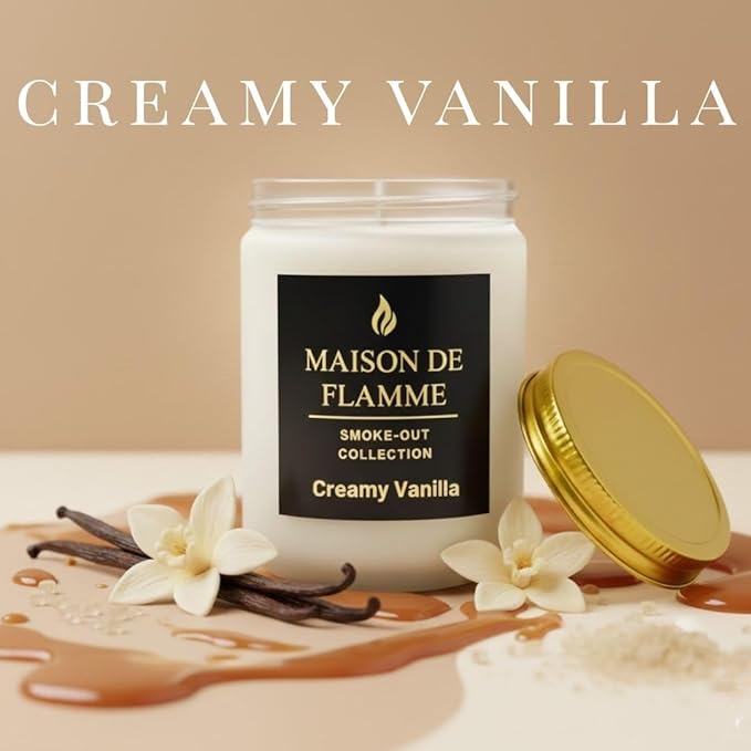 Creamy Vanilla Odor-Eliminating Scented Candle, 200g/7oz White Jar – Long-Lasting Soy Wax Blend Candle for Smoke, Kitchen & Home Odors