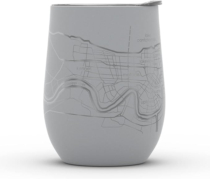 Well Told Engraved New Orleans LA Map Insulated Wine Tumbler, Etched Stainless Steel Cup (12 oz, Dockside Gray) City Map Insulated Tumbler, Custom Insulated Tumbler, Outdoor Drinkware