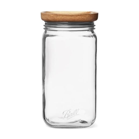 Ball Stack & Store Glass Mason Jars with Wooden Lid, Used for Pantry, Cookies, Flour, Cereal, Rice, Sugar, Tea, Coffee Beans, Spices, Square, 9.9-Cup (Pack of 4)