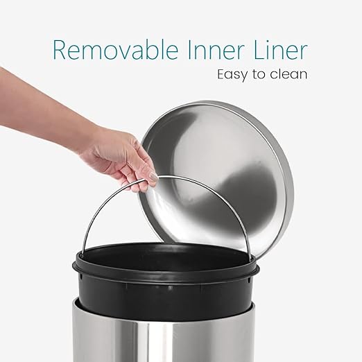 8 Gallon Trash Can, Stainless Steel Garbage can with Removal Liner, Pedal Trash Can with Soft Close lid, Round Trash Bin for Kitchen, Office, Dorm or Bathroom, 30 Liters, Silver