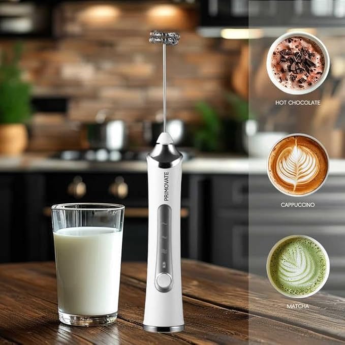 Rechargable Milk Frother, Handheld Drink Mixer with Whisk Attachment, 2025 upgraded powerfull 3 speed motor, Type C charging with charge light, with extra egg mix head (White without Stand)