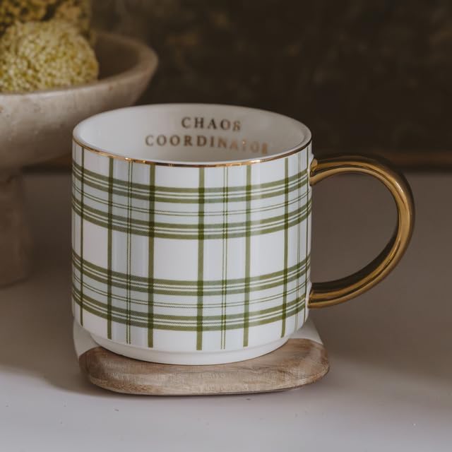 Sweet Water Decor Chaos Coordinator Coffee Mug, 14oz Fine Bone China Mug, Green Plaid Design with Gold Handle & Rim, Large Tea Cup for Hot & Cold Drinks, Gifts for Teachers, Co-Workers & Boss