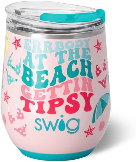 Swig Life 12oz Wine Tumbler with Lid, Stainless Steel, Dishwasher Safe, Portable, Triple Insulated Wine Tumbler (Errbody Beach)
