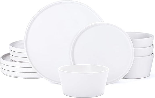 Dinnerware Sets for 4 - CJDC-QUELO 12-Piece Stoneware Plates and Bowls Sets, Ceramic Dishware Sets for Kitchen Use and Formal Dining, Chip and Scratch Resistant Microwave Dishwasher Safe, White