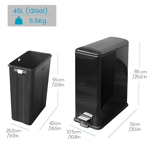 12 Gallon Kitchen Trash Can, Stainless Steel Slim Trash Can with Removal Inner Bucket and Soft-Close Lid, Foot Pedal Trash Bin for Home Office, Narrow Place, 45 Liter, Shiny Black