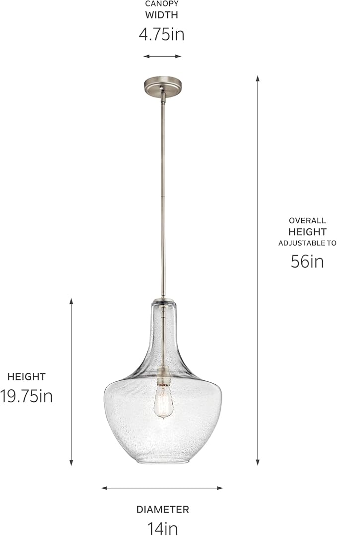 Kichler Everly 19.75" Kitchen Bell Pendant in Brushed Nickel, 1-Light Clear Seeded Glass Pendant Light, (19.75" H x 13.75" W), 42046NICS