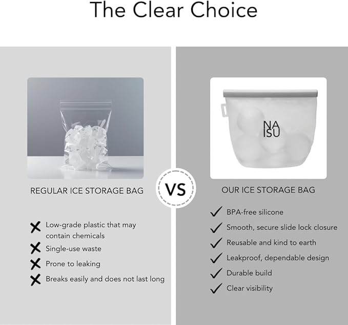 NAISU Clear Ice Silicone Storage Bag – Reusable Freezer Bag for Crystal-Clear Ice Balls & Cubes, Leakproof, Food-Grade, Ideal for Whiskey & Cocktails