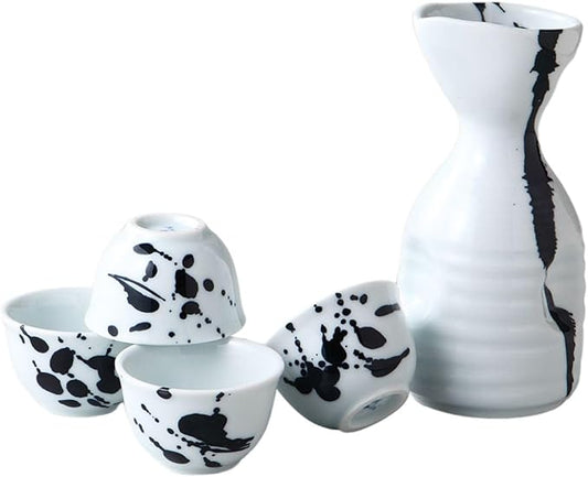Arita Ceramic Sake Set [Made in Japan/Brush Stroke]: 1 Sake Carafe and 4 Sake Cups in Gift Box