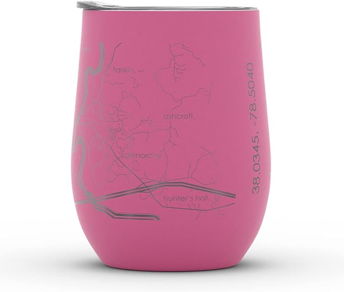 Well Told Engraved Charlottesville Virginia Map Insulated Wine Tumbler, Etched Stainless Steel Cup (12 oz, Sunset Pink) City Map Insulated Tumbler, Custom Insulated Tumbler, Outdoor Drinkware