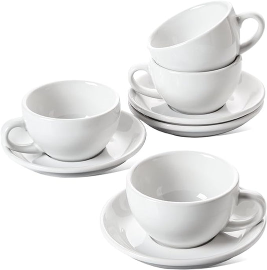 LE TAUCI 8 oz Cappuccino Cups with Saucers, Heavyweight Ceramic Large Coffee Cup for Au Lait, Double shot, Latte, Cafe Mocha, Tea - Dishwasher Safe, Set of 4, White