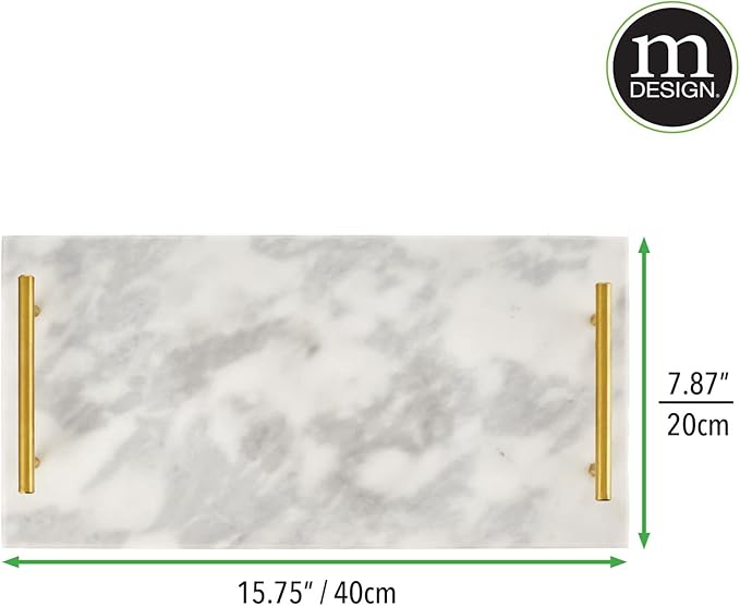 mDesign Thin Marble Pastry Board, Cutting Slab Kitchen Serving Tray with Deco Handles for Baking, Chopping, and Rolling - Serve Bread, Candy, Chocolate, Cheese, and Appetizers - Marble/Soft Brass
