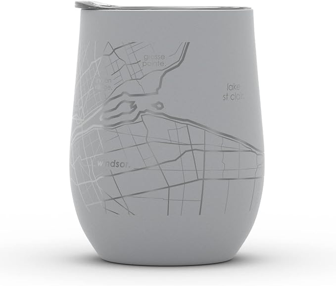 Well Told Engraved Detroit Michigan Map Insulated Wine Tumbler, Etched Stainless Steel Cup (12 oz, Dockside Gray) City Map Insulated Tumbler, Custom Insulated Tumbler, Outdoor Drinkware
