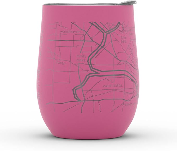 Well Told Engraved Dallas Texas Map Insulated Wine Tumbler, Etched Stainless Steel Cup (12 oz, Sunset Pink) City Map Insulated Tumbler, Custom Insulated Tumbler, Outdoor Drinkware