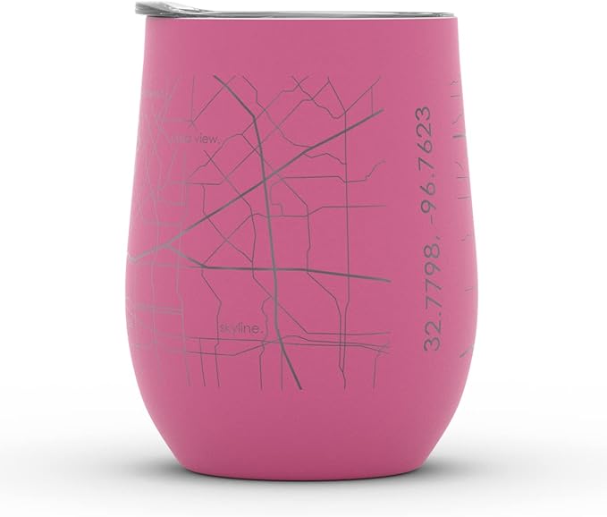 Well Told Engraved Dallas Texas Map Insulated Wine Tumbler, Etched Stainless Steel Cup (12 oz, Sunset Pink) City Map Insulated Tumbler, Custom Insulated Tumbler, Outdoor Drinkware