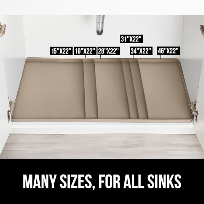 GORILLA GRIP Waterproof Silicone Under Sink Mat with Raised Lip for Kitchen and Bathroom, 31 x 22 in, Cabinet Shelf Liner Stay in Place Mats Dishwasher Safe Drawer Liner, Organizer Tray, Beige