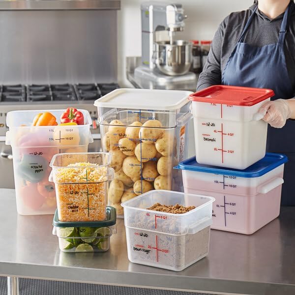 6 Qt Square Food Storage Container, White Polyethylene, 8.75x8.75x7.31 Inches, with Measurement Guides, Stackable, Made in USA
