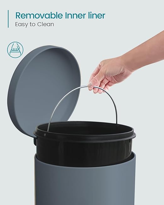 8 Gallon Trash Can, Pedal Trash can with lid, Stainless Steel Garbage Can, Soft Close Lid, Removal Liner, Round Trash bin for Kitchen, Office, Living Room or Bathroom, Grey