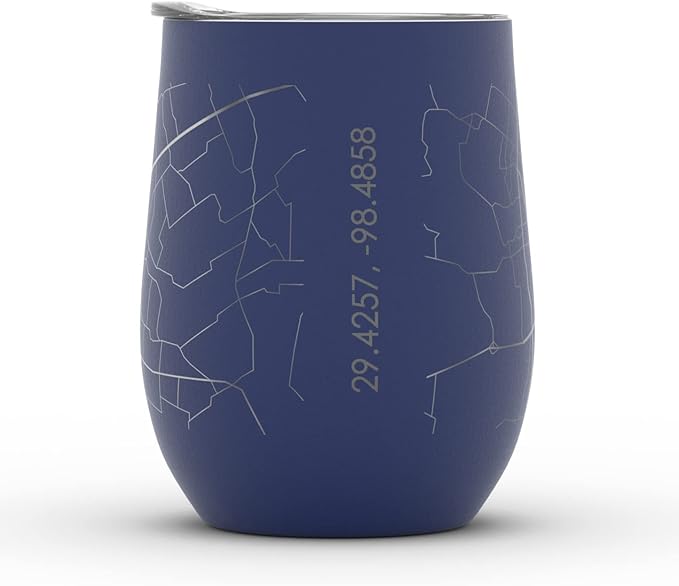 Well Told Engraved San Antonio Texas Map Insulated Wine Tumbler, Etched Stainless Steel Cup (12 oz, Midnight Blue) City Map Insulated Tumbler, Custom Insulated Tumbler, Outdoor Drinkware