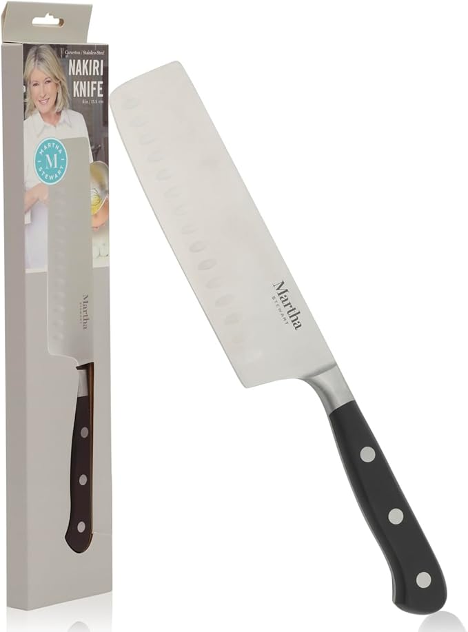 Martha Stewart Carverton 6" Nakiri Knife, High Carbon Stainless Steel Kitchen Knives w/Black Triple Riveted Handle