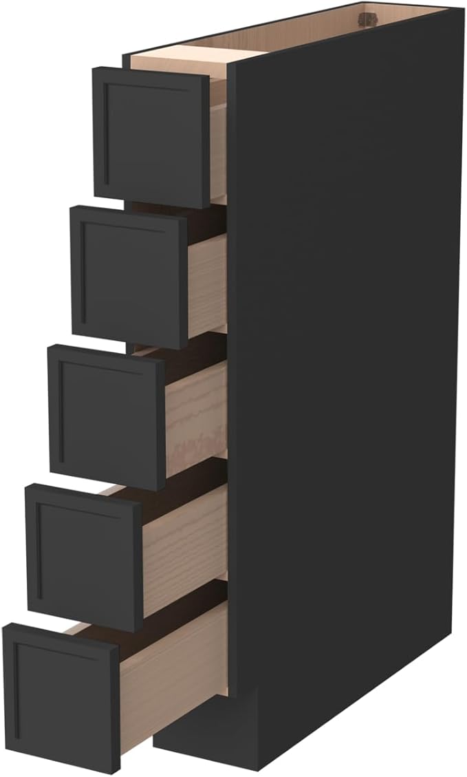 Solid Wood 5-Drawer Spice Cabinet for Kitchen, Soft Close Drawer Glides, Freestanding Storage Organizer, Fits 6" Base Cabinets, Natural Birch Wood (NT-Charcoal Black, 6" W x 24" D x 34.5" H)
