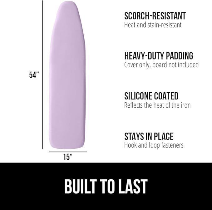 GORILLA GRIP The Original Ironing Board Cover and Pad, Silicone Coating, Thick Scorch Resistant Padding, Heavy Duty Iron Covers Standard Boards, Hook and Loop Fastener Strap, Light Purple, 15x54