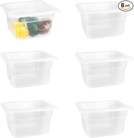 6-Pack Food Pan with Lids, 1/6 Size Food Storage Containers for homes, schools, restaurants, hotels Meal Prep, -40℉-160℉, Stackable, Freezer-Safe (1/6 size 4 inch deep, 1.53L/1.62QT)